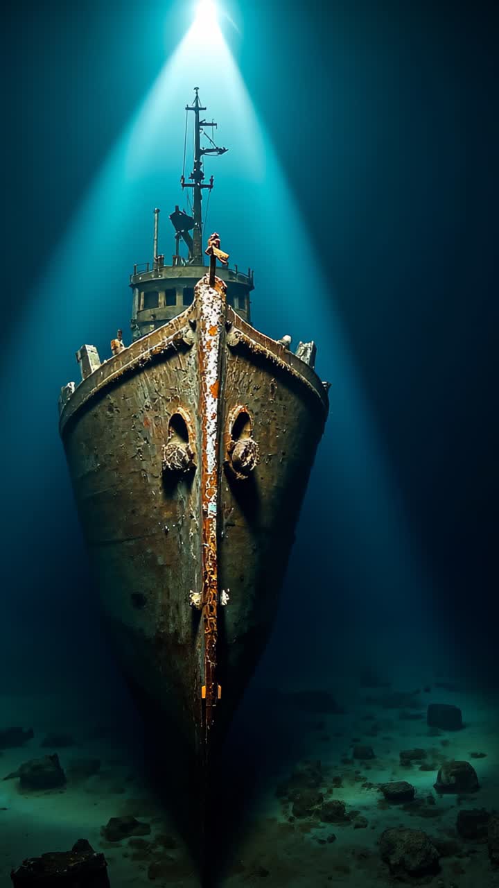 빛에 빛나는 수중 선박 붕괴