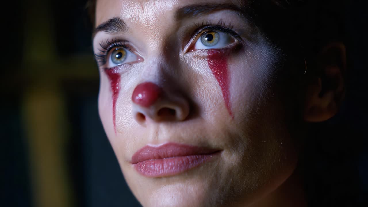 Un ritratto toccante di un clown che riflette emozioni profonde con un trucco sorprendente e occhi penetranti, evocando una complessa miscela di tristezza e resilienza nell'oscurità