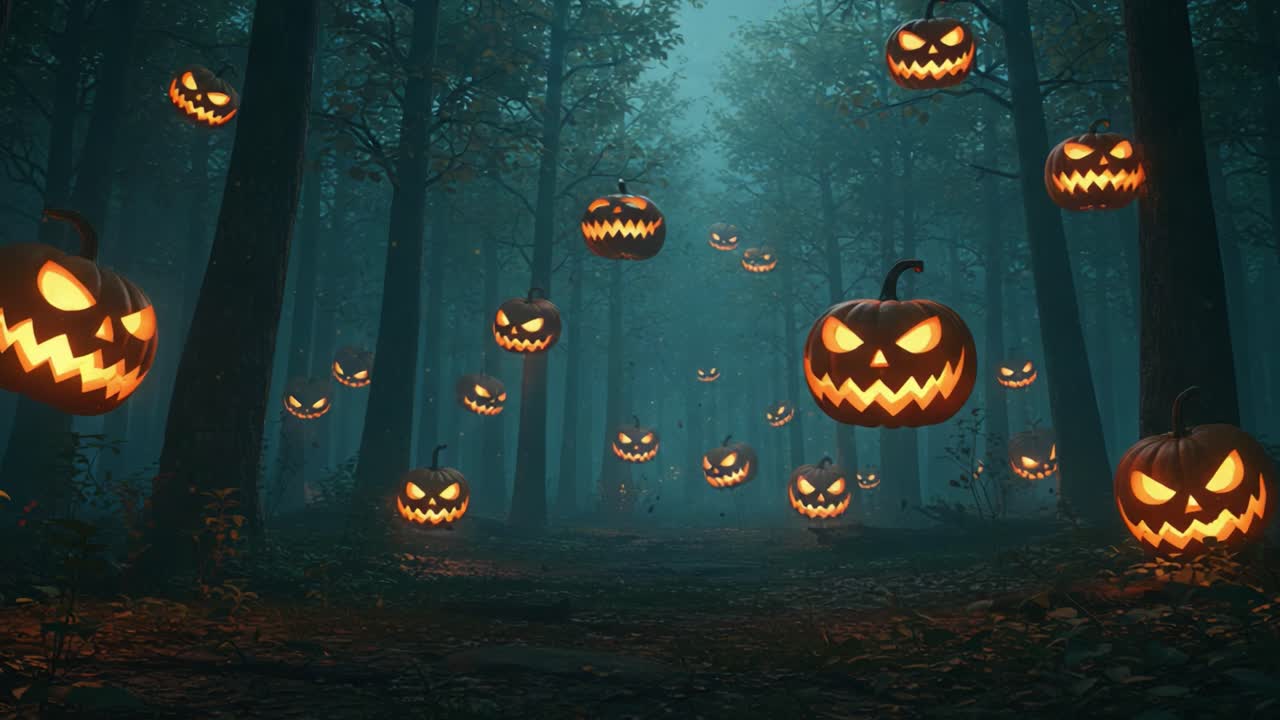 A Spooky Forest Enveloped in Fog with Floating Jack-o'-Lanterns: Capturing the Eerie Atmosphere of Halloween Night