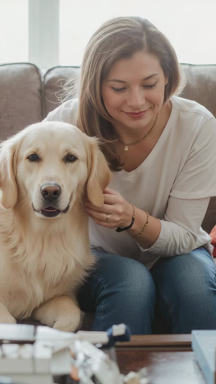 Vertical video: Reaching woman gently petting golden retriever on couch, calming dog and fixing fur