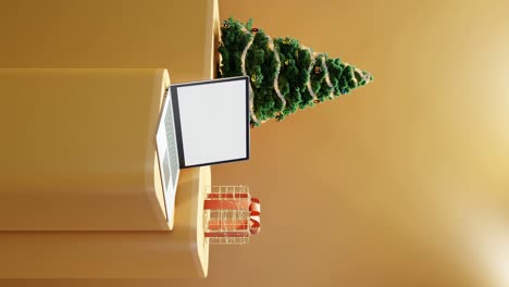 Laptop,-Weihnachtsbaum-Und-Verpacktes-Geschenk-Auf-Gelbem-Hintergrund-Vertikal