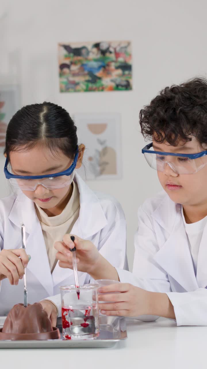 Dua siswa muda Asia mengenakan jas lab menggunakan pipet untuk percobaan gunung berapi kimia di dalam ruangan.