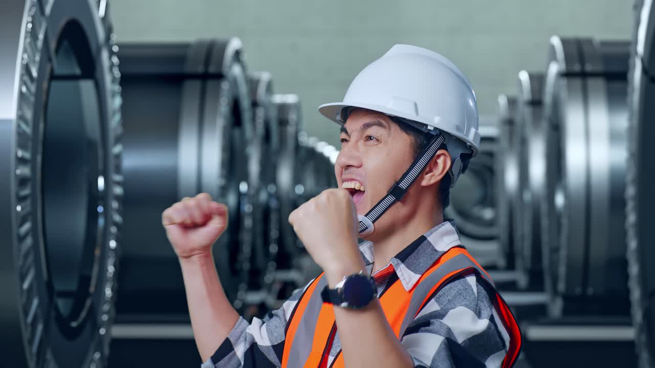 안전 헬을 입은 아시아 남성 엔지니어가 금속 공장에서 일하는 것을 축하하는 골을 비명을 지르고 있습니다.
