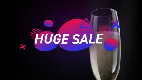 Animation-of-huge-sale-text-and-shapes-over-champagne-glass-on-black-background