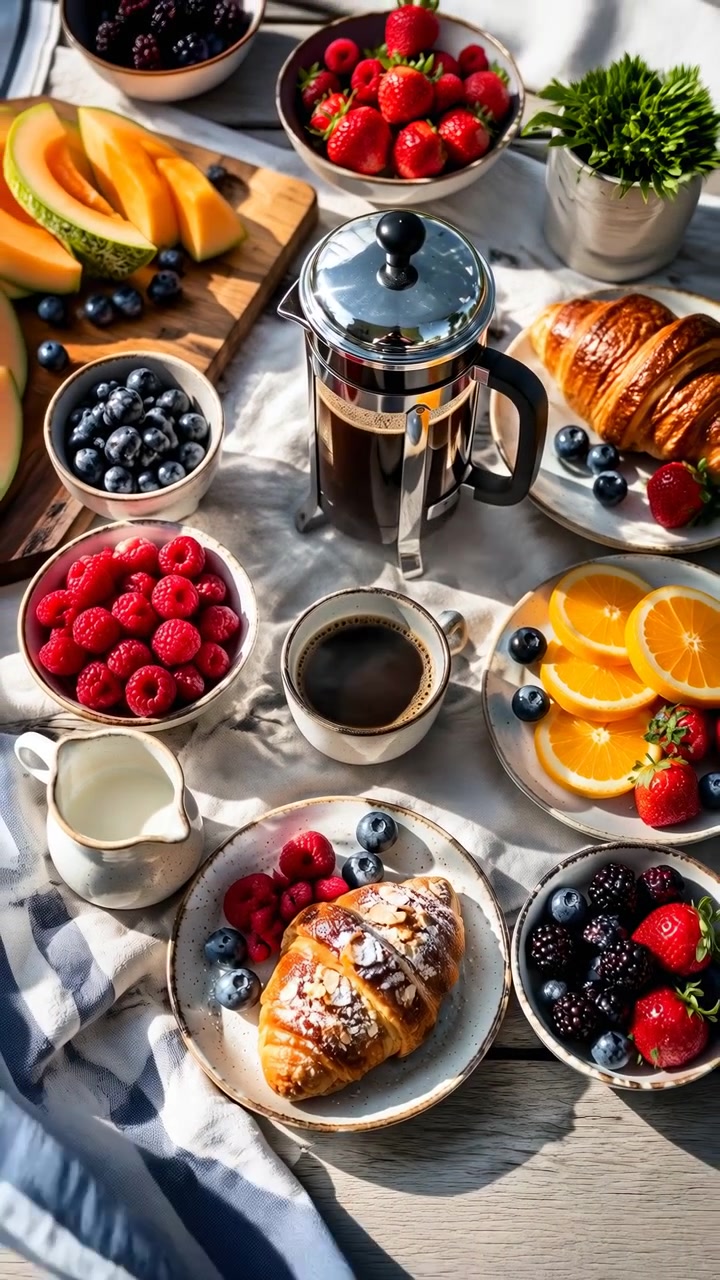 Vista cenital elevada de una mesa de desayuno con una cafetera de émbolo de acero inoxidable, una taza de cerámica con café negro, cruasanes, cuencos de frambuesas, arándanos y fresas, y una suave luz cálida del sol que lo atraviesa