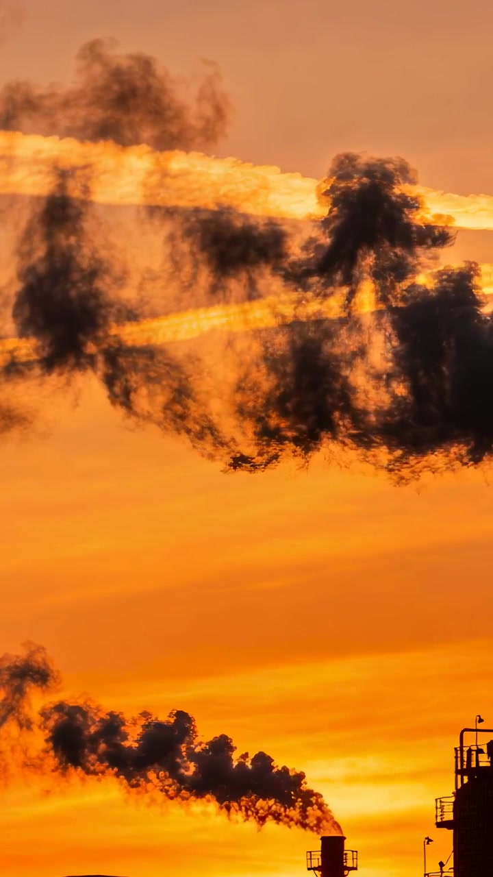 Vertical video: Starting stack releasing smoke at plant at sunset, drifting past contrail and tanks