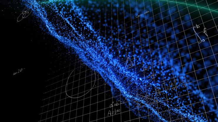 Animation of blue mesh over mathematical dat on black background