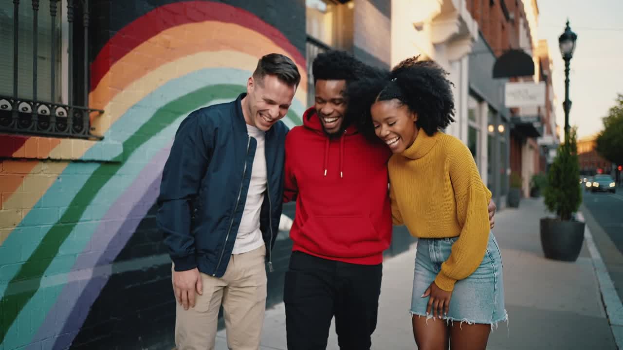 Tre amici avanzano, a braccetto, chinandosi e ridendo, celebrando l'amicizia