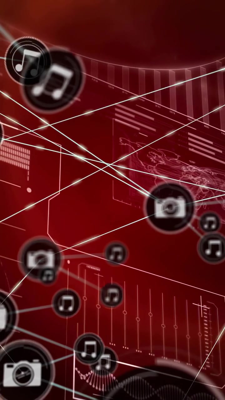 Vertical video: Camera node starting network, emitting lines and music nodes, mapping globe data