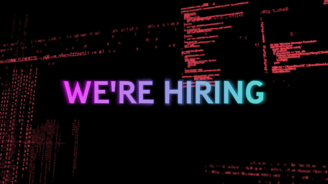 We''re hiring text animation over dark abstract background with red patterns