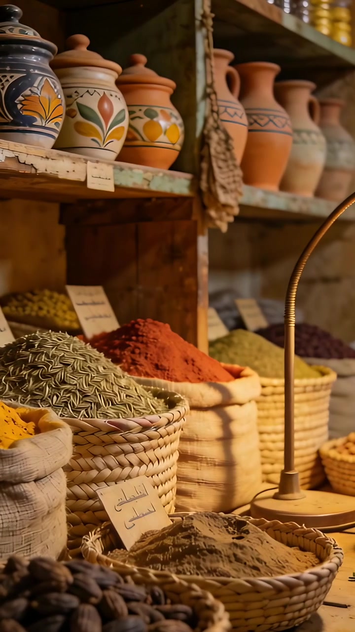 Vertical video: Reaching vendor hand entering right side adjusting spices at stall, for weighing