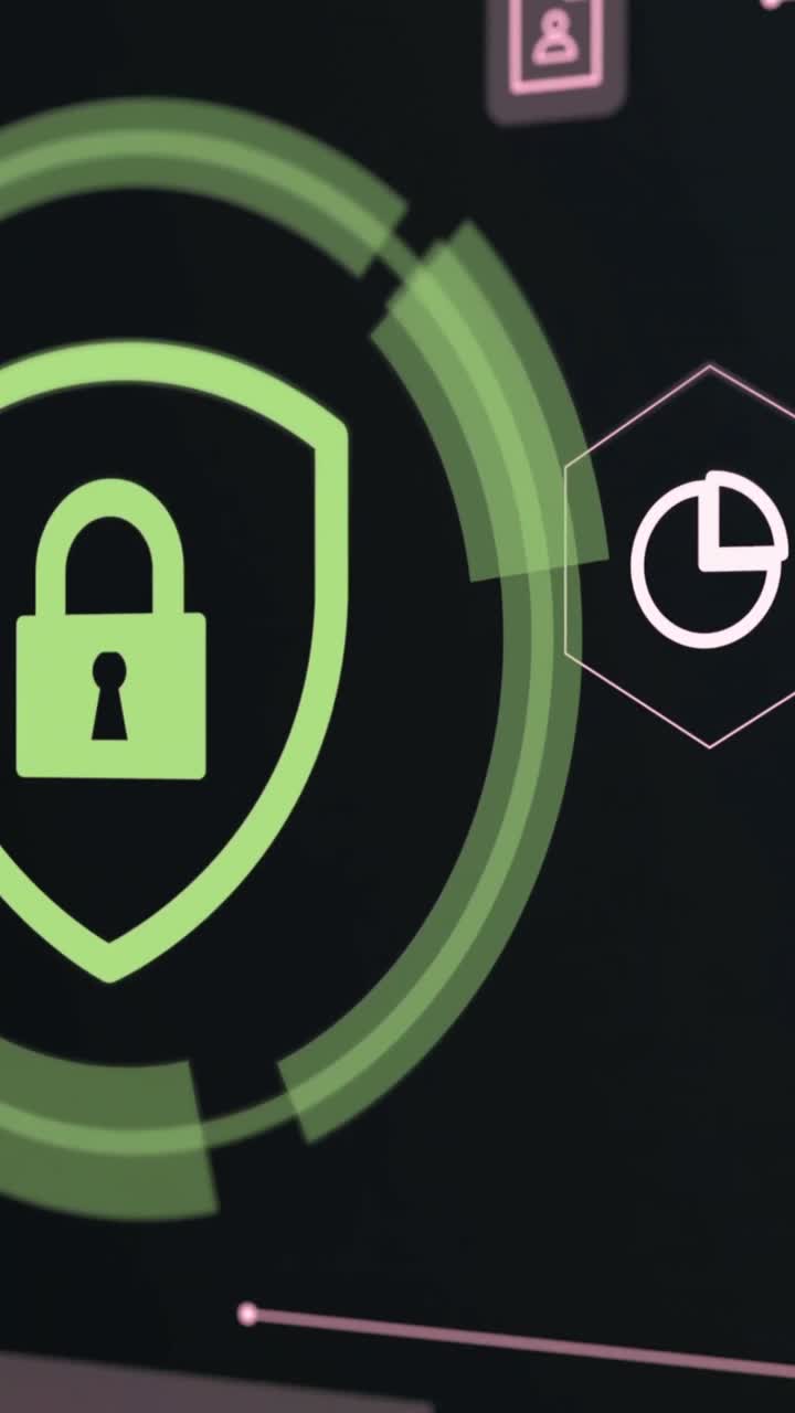 Interfaccia Digitale Animata con Scudo di Sicurezza e Icona del Lucchetto
