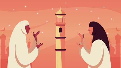 ramadan kareem animation with muslim couple praying in temple