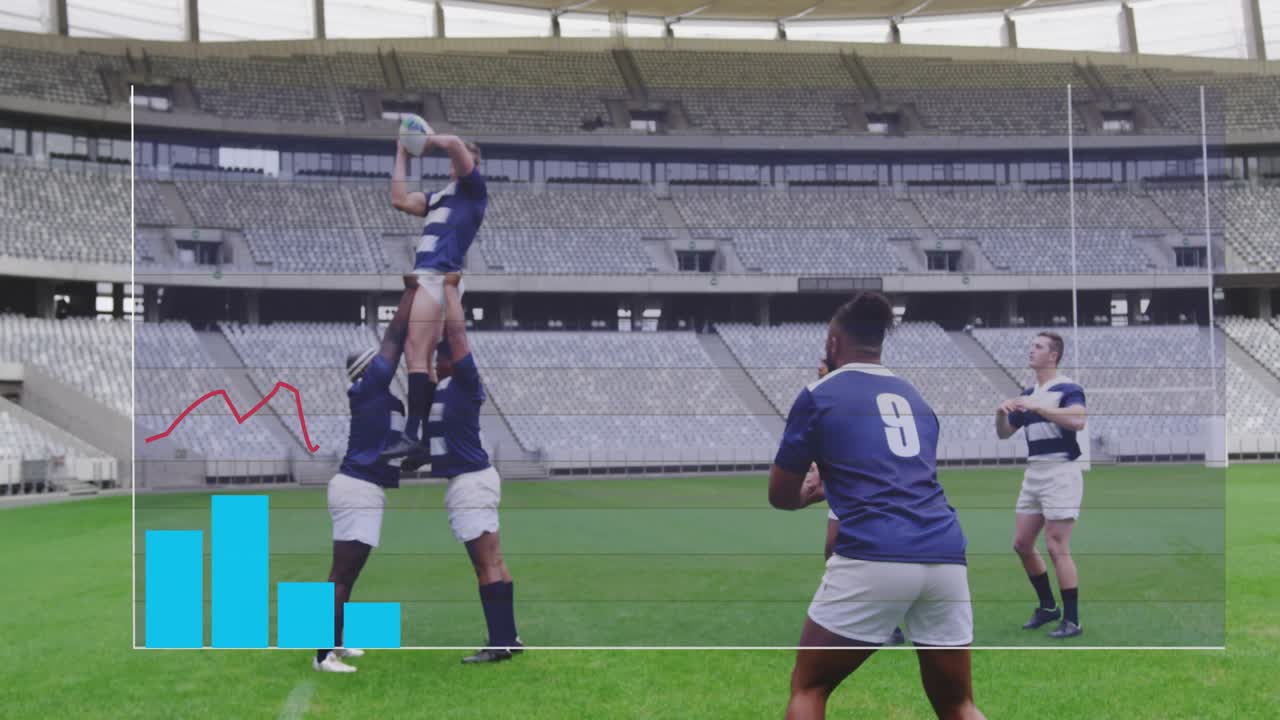rugby thrower launching ball while metrics updating, lifters hoisting jumper securing ball for 9