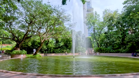 serene fountain surrounded by lush greenery