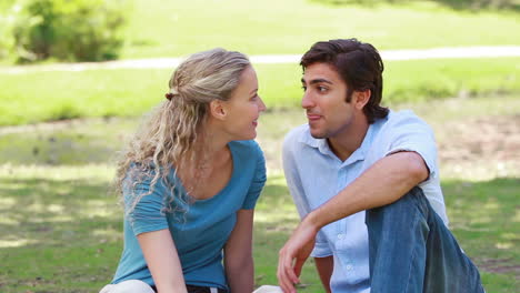 una pareja se sienta juntos en el parque mientras el hombre hace cosquillas a la mujer antes de mirar a la cámara