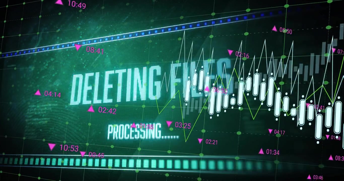Barcode scan starting DELETING FILES revealing, cyan bar sweeping, candles moving for deletion cue