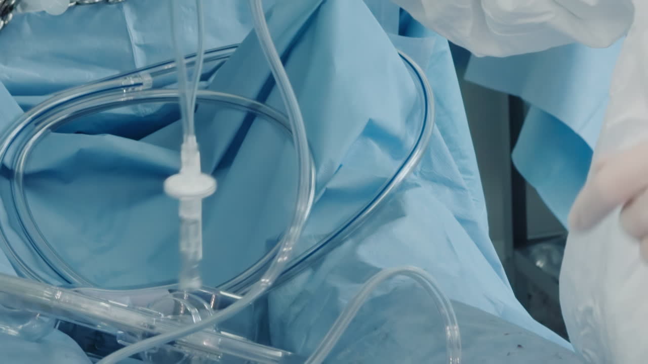 la enfermera prepara los tubos para la operación cardíaca. el profesional de la salud prepara y comprueba los tubos asegurando la preparación para la próxima cirugía de derivación de la arteria coronaria