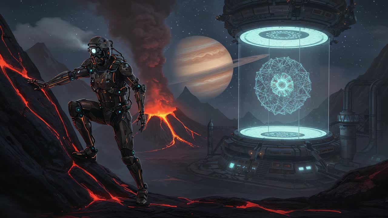 A Futuristic Space Explorer Navigating a Volcanic Landscape Under a Celestial Body: Unveiling the Mysteries of a High-tech Energy Source