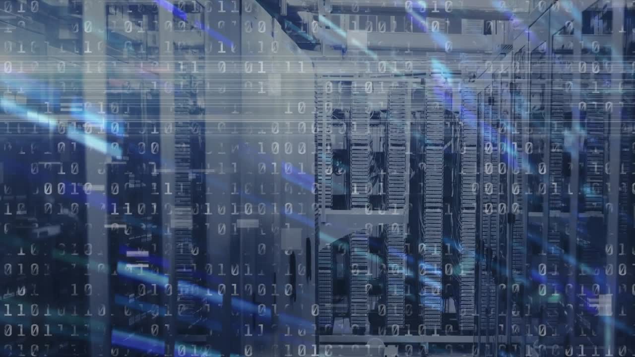 Animation of data processing binary coding over computer servers in background