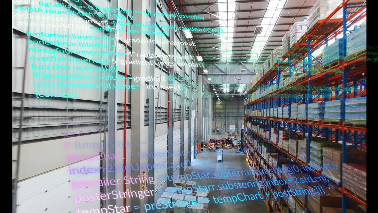Digital code overlaying shelves in warehouse with industrial equipment visible