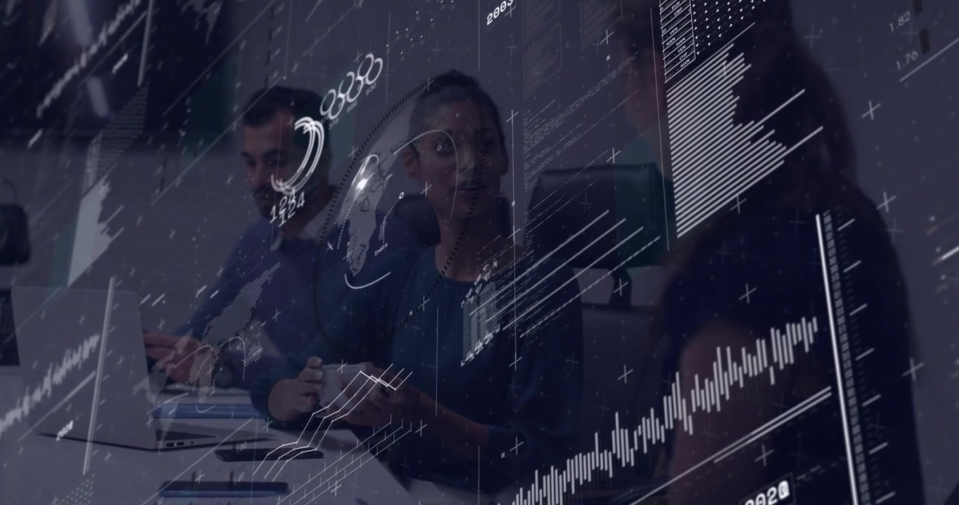 Business Team Collaborating in Office with Digital Data Overlay