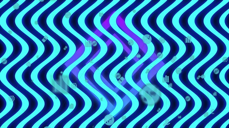 Animation of glowing blue waving lines over glowing purple diamonds in background