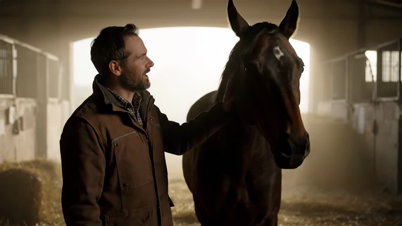 Man and horse in a barn