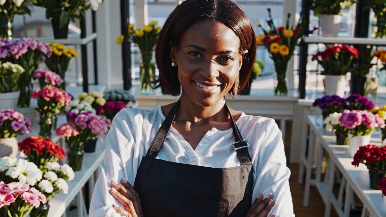 A smiling florist in an apron stands confidently among colorful flowers