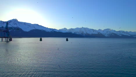 seward alaska mountains at sunrise with sea birds