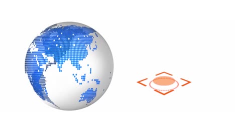 animation of rotating white globe and orange square and circular scope, on white