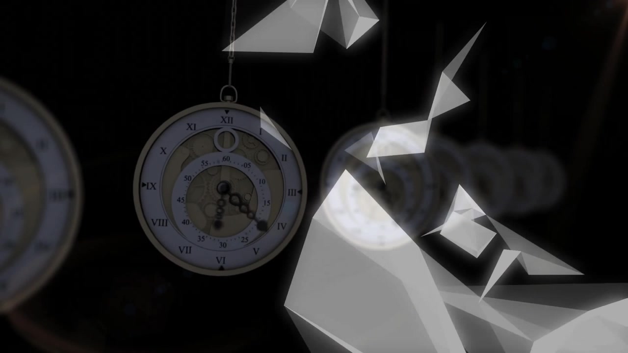 Brass watches swinging, triangles materializing, multiplying and swirling to create light patterns