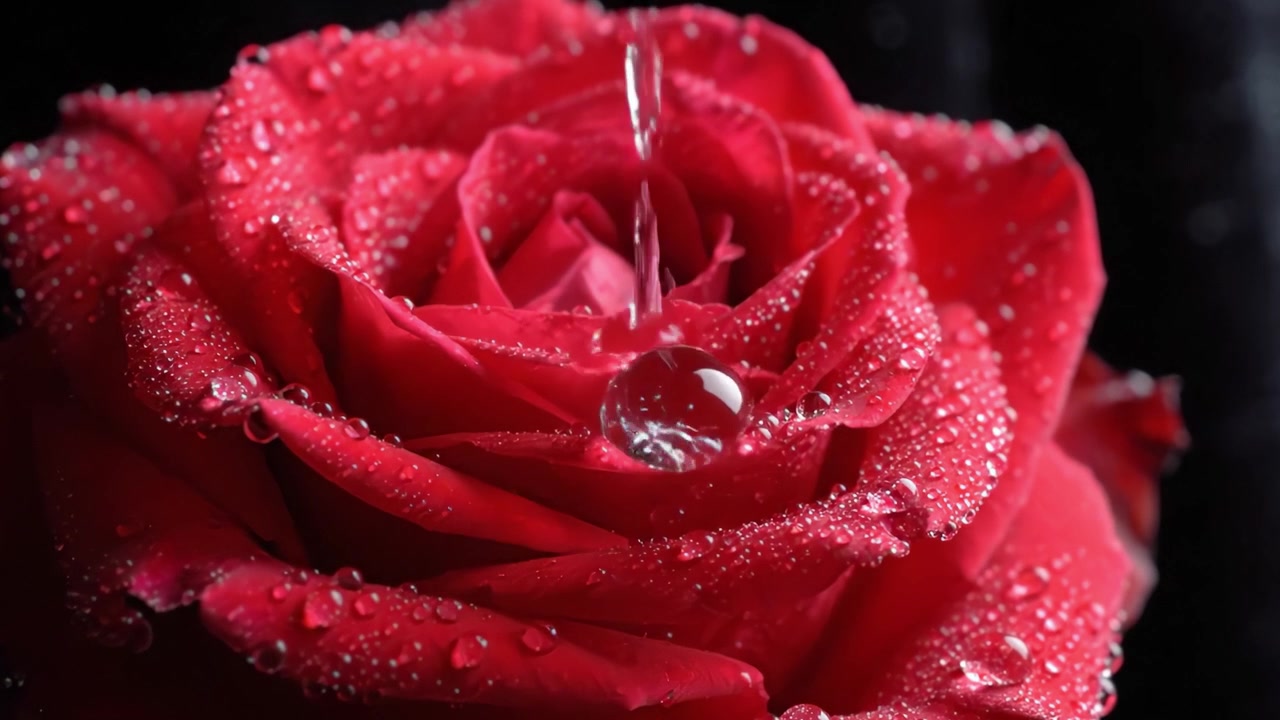 Un gros plan magnifique d'une rose rouge perlée de rosée, capturant la beauté pure du chef-d'œuvre floral de la nature avec des gouttelettes d'eau scintillantes rehaussant son élégance