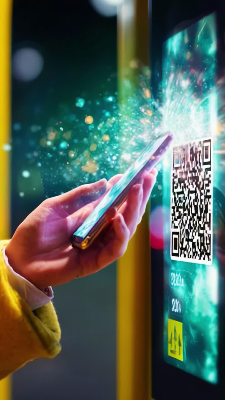 A Glowing Encounter: A Hand Using a Smartphone to Interact with a Digital Screen Featuring a QR Code in a Futuristic Urban Setting