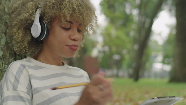 Studentessa con cuffie che studia al parco