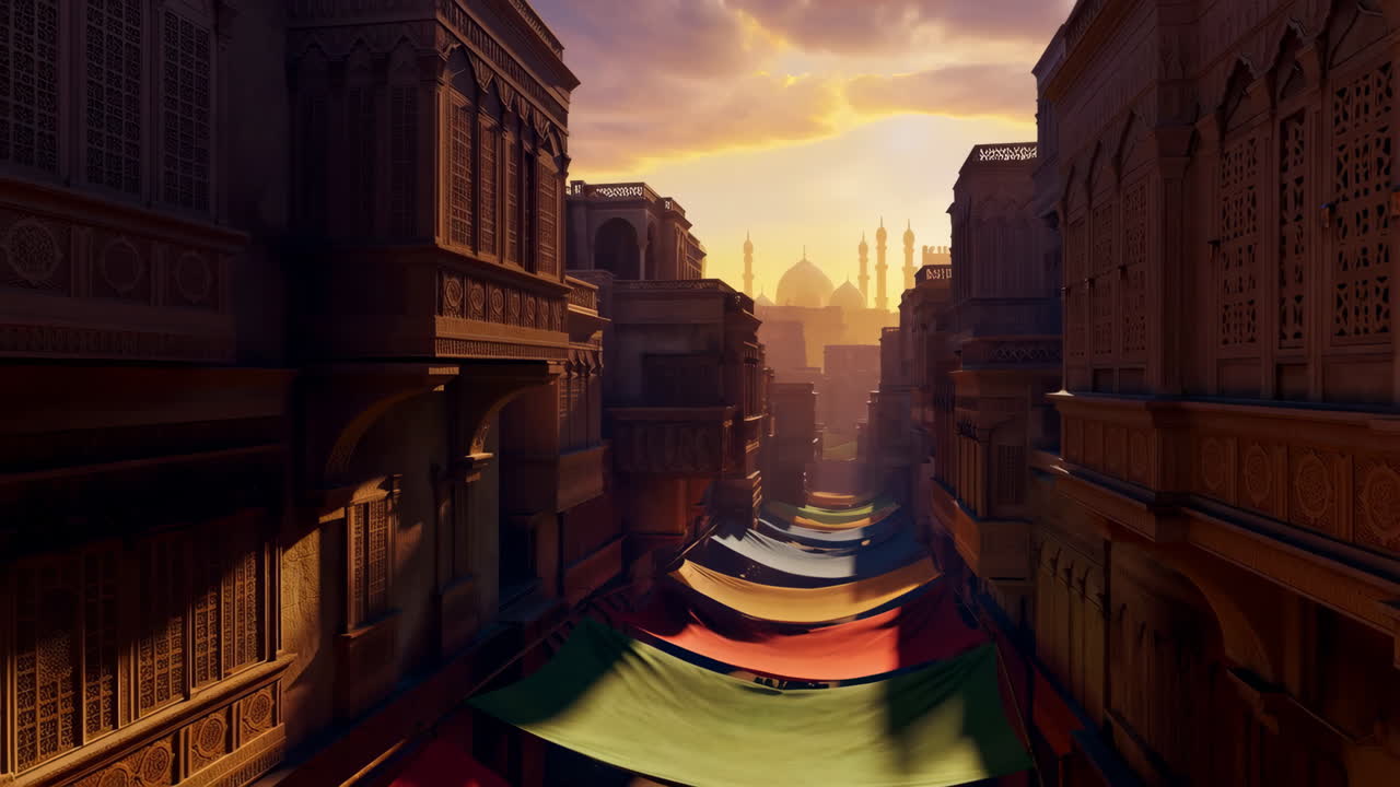 A vibrant marketplace street in an ancient Middle Eastern or North African city at sunset, with intricate architecture and distant mosques
