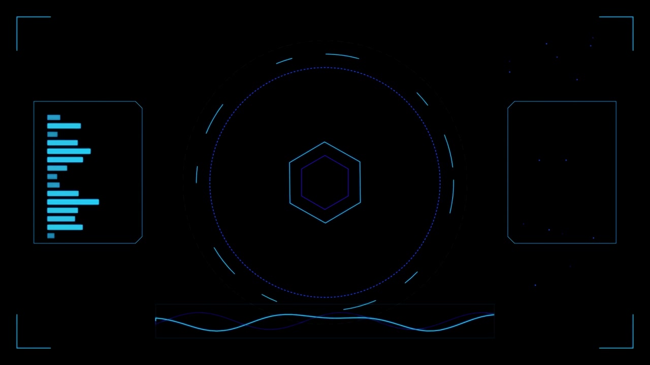 Interface HUD Digital Futurista com Hexágono Rotativo e Gráficos de Dados