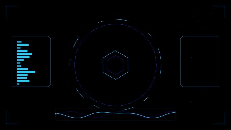 Futuristic Digital HUD Interface with Rotating Hexagon and Data Graphs