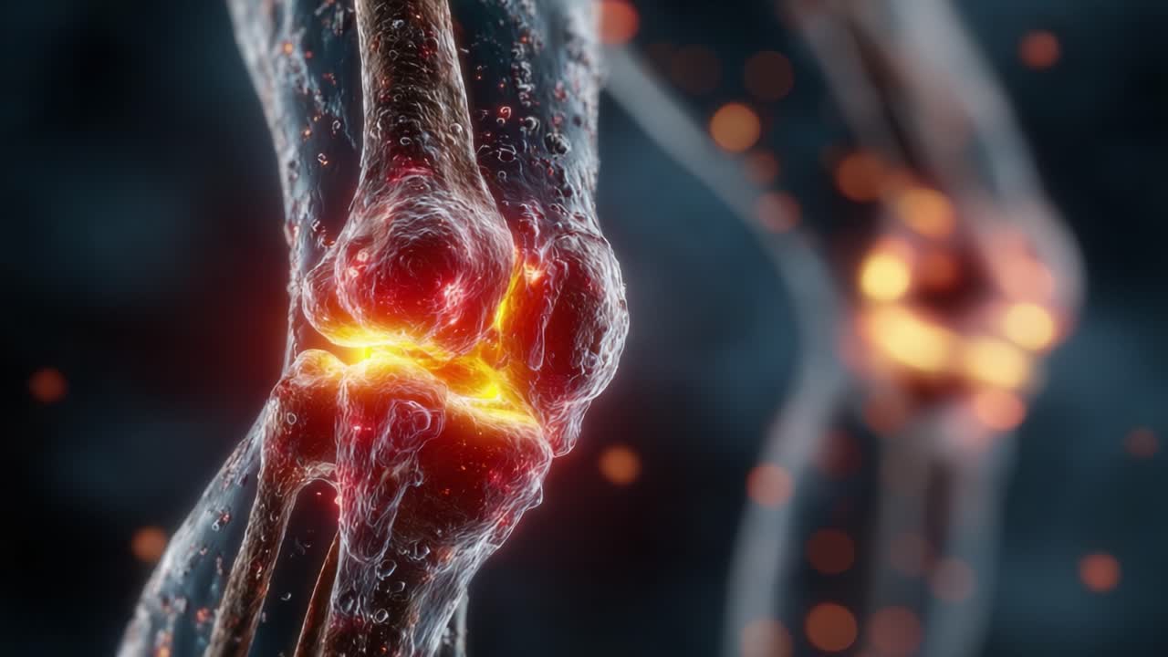 En detaljeret visualisering af menneskelige led, der fremhæver knæets komplekse struktur og biologiske processer, med dynamisk væskebevægelse og cellulær aktivitet.