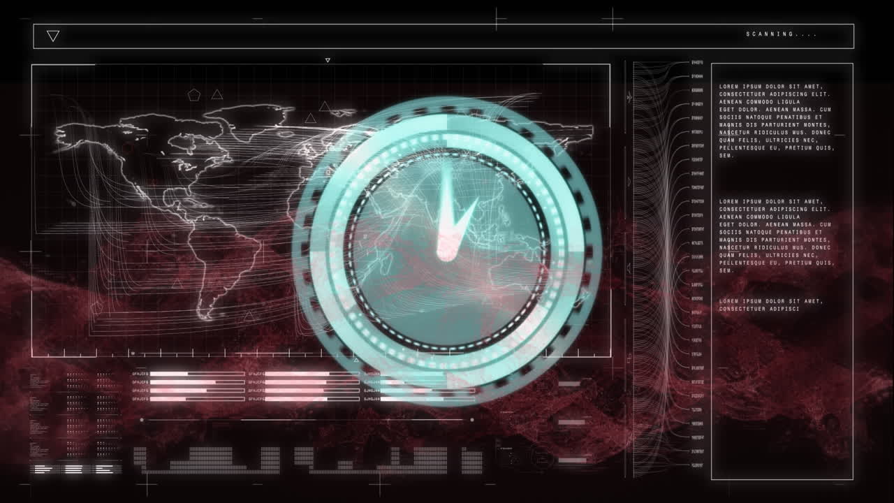 Animation of clock over world map and data processing on screen