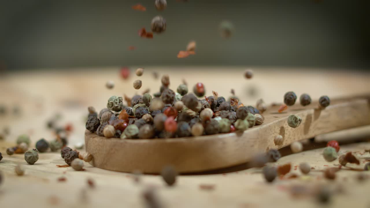 смесь перца в супер медленном движении. сухая смесь перца вблизи.