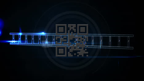 animación digital de código qr brillante contra la estructura del adn y el procesamiento de datos en fondo negro