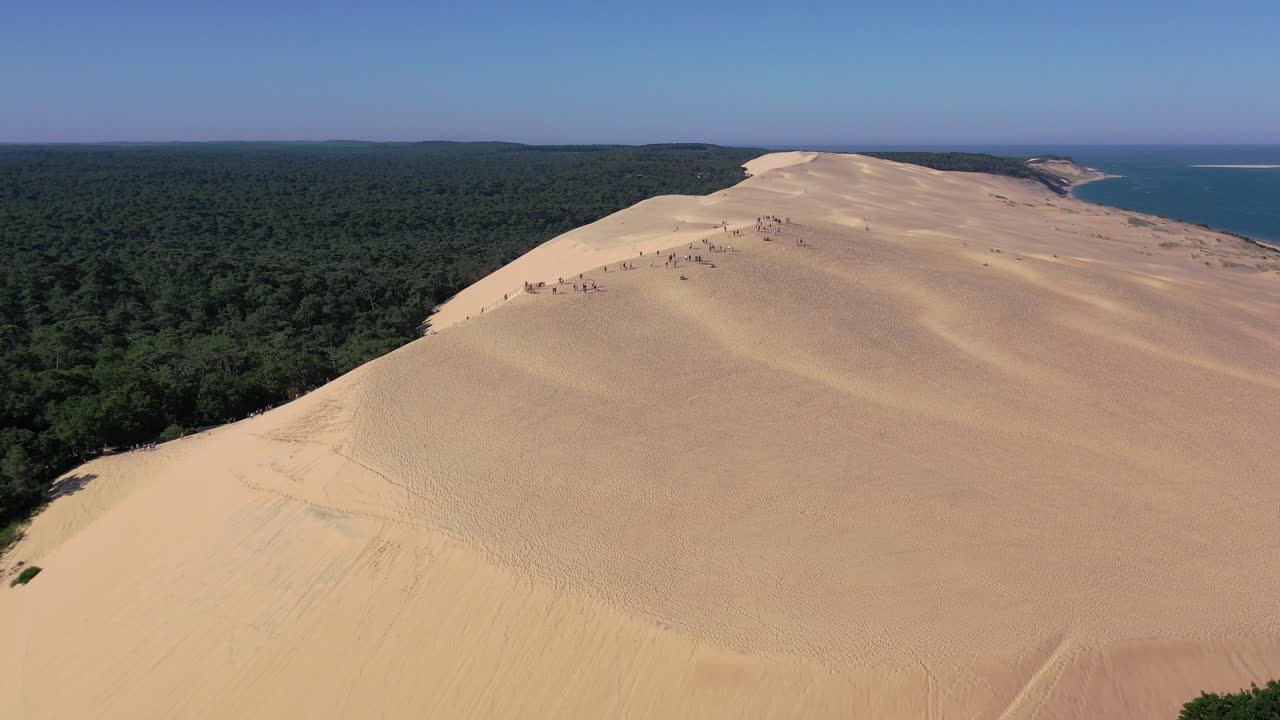 grupo de personas en la cumbre de dune du pilat en arcachon bassin francia, primer plano aéreo