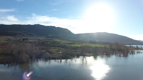 Drone-sideway-view-over-lake-salagou-in-south-of-France.