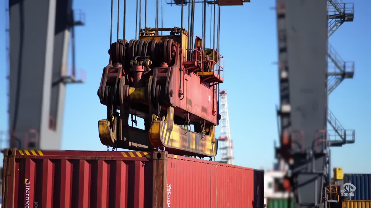 A Heavy Load: The Giant Crane Lifts a Container at the Dockside, Showcasing the Power and Efficiency of Industrial Operations in Harbor Logistics