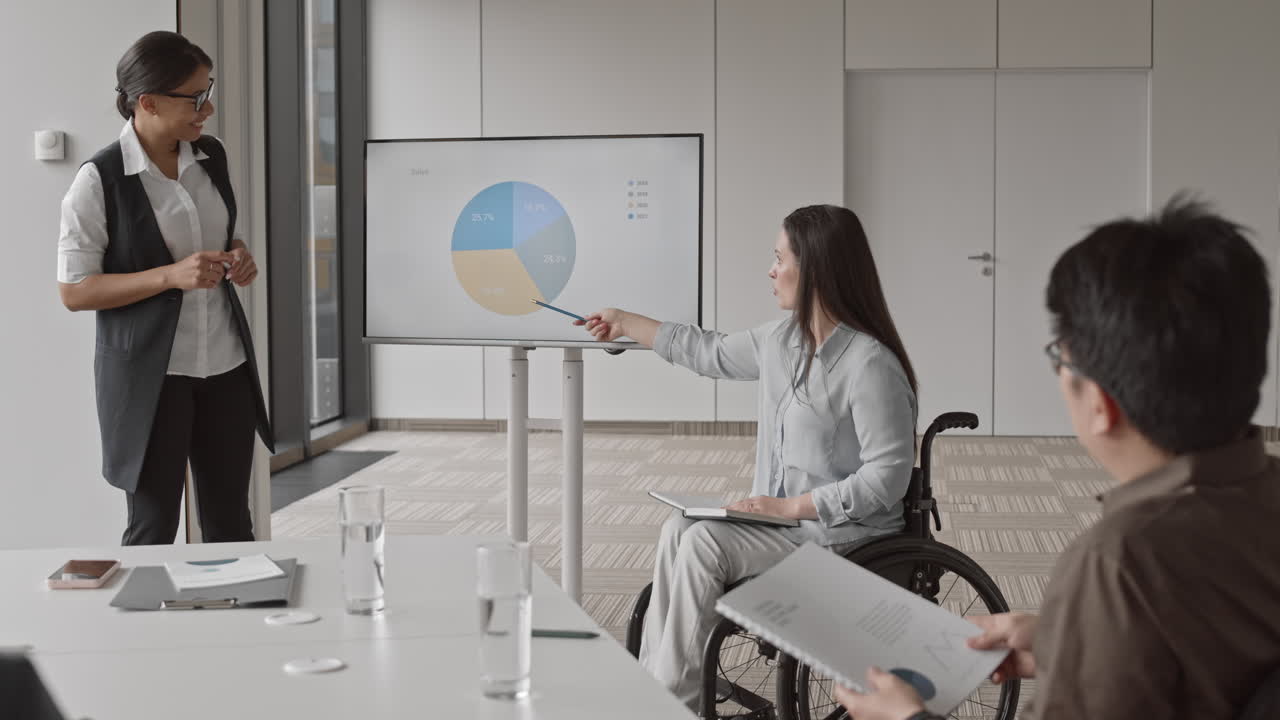 Businesswoman with Disability Presenting Annual Report to Colleagues