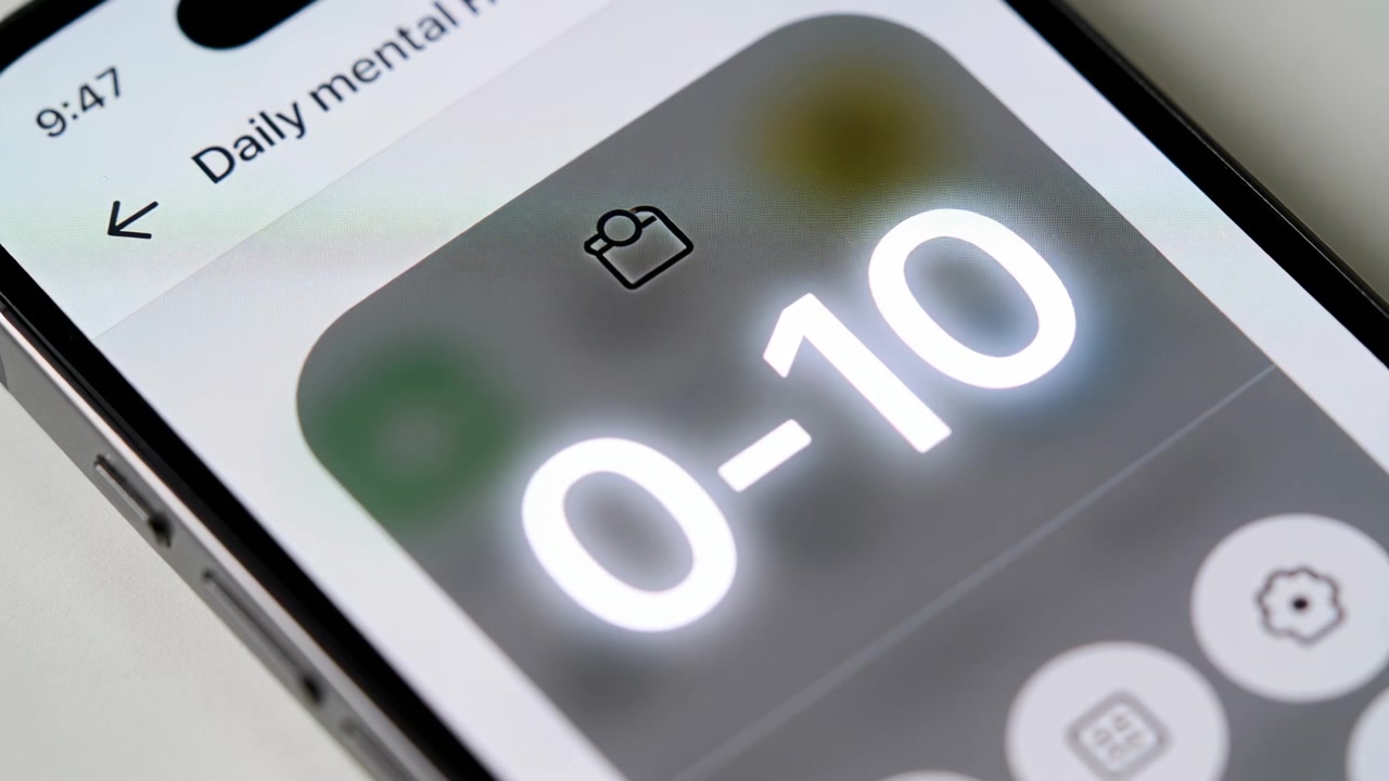 Showing smartphone screen on launch, Daily mental app on table presenting 0-10 widget for mood