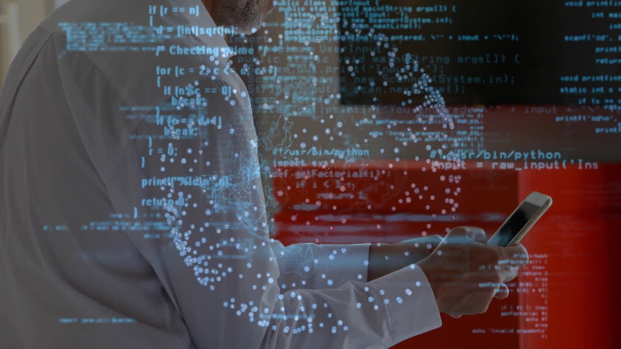 Person using smartphone with digital data and coding animation overlay