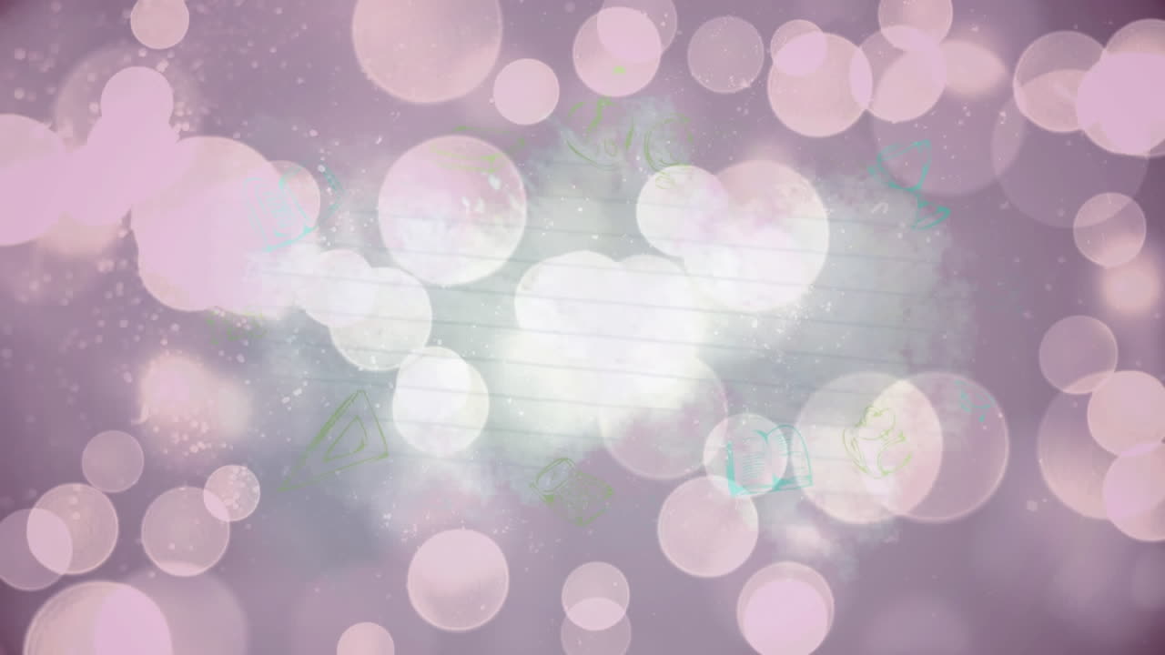 Animace růžových bokeh vánočních světýlek a ohňostroje nad linkovaným školním sešitem