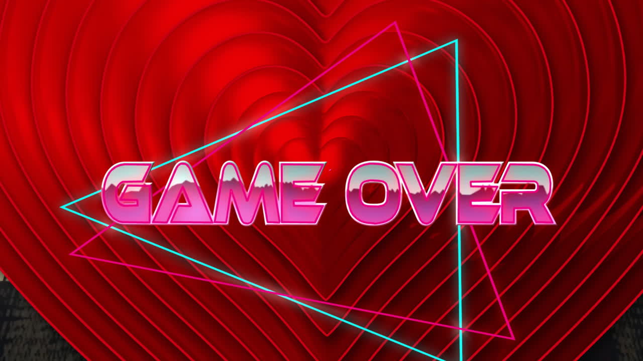Game Over text animation over red heart shapes with neon triangle outlines